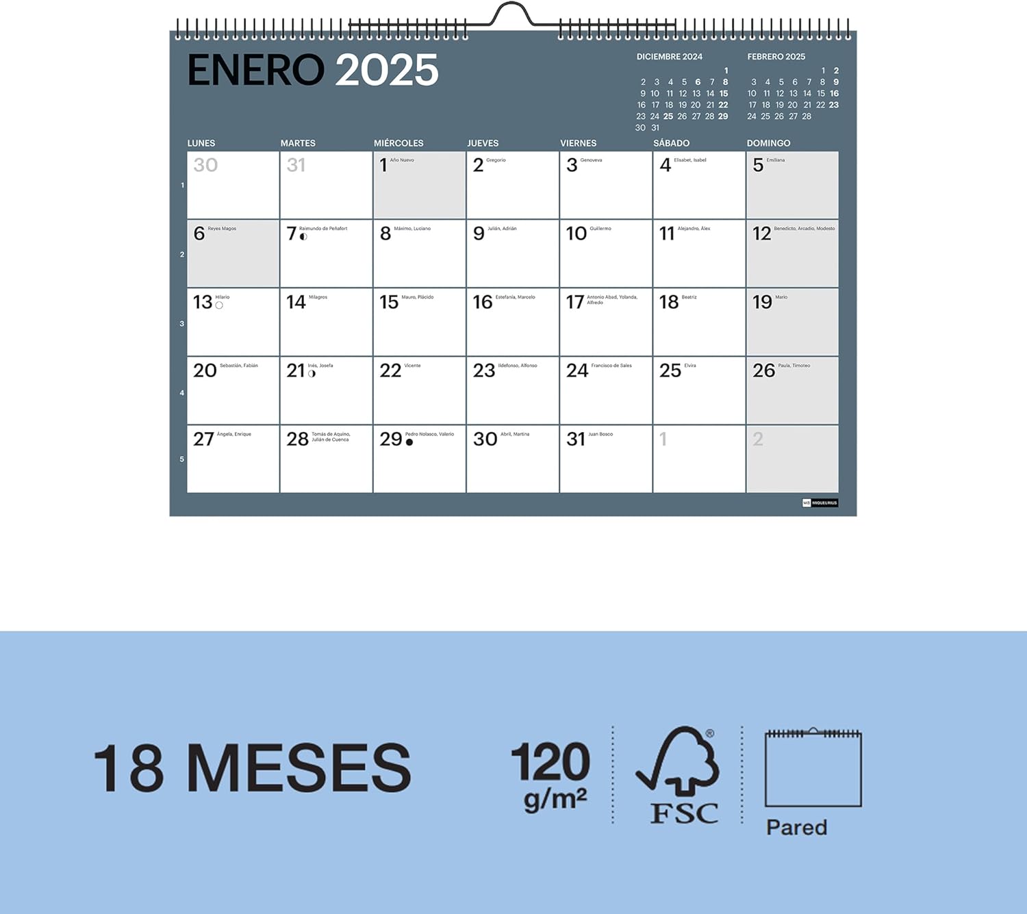 CALENDARIO DE PARED MIQUELRIUS A3 CON ESPACIO PARA ANOTAR CASTELLANO 18 MESES 2025